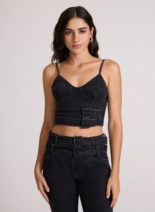 Top Jeans Justo Black Fivelas John John Feminino