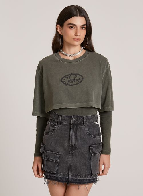 Camiseta Cropped Duas em Uma Hazel John John Feminina