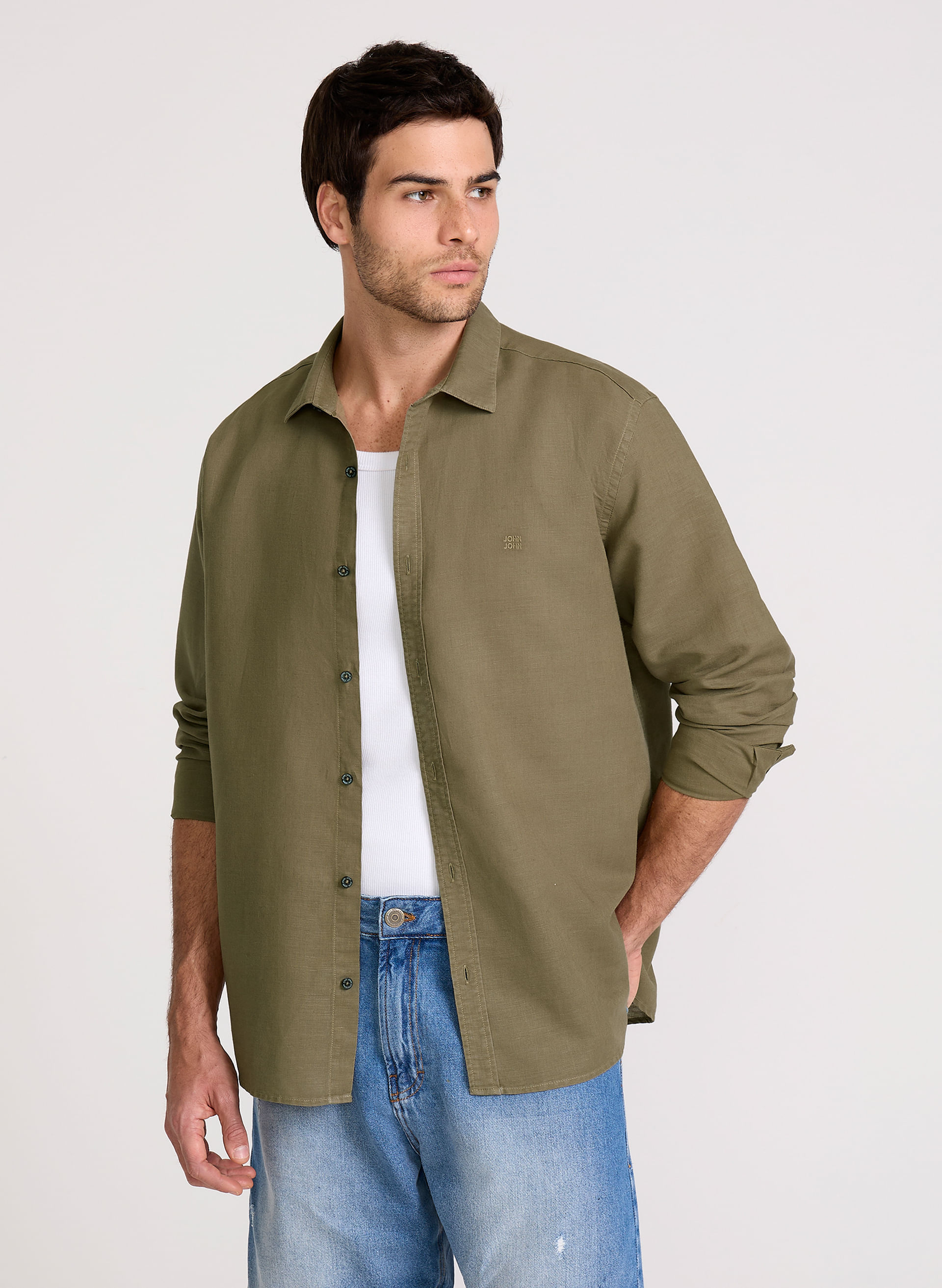 Camisa Relaxed Fit Linen Blend Verde John John Masculina