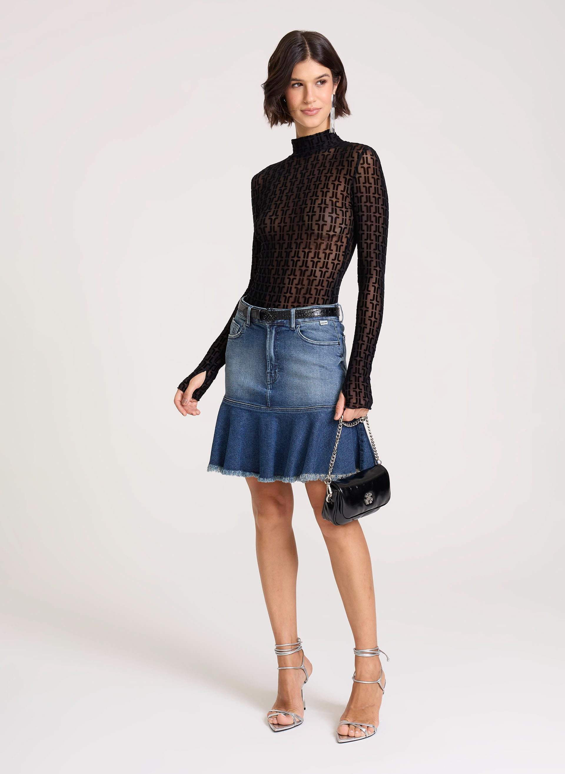 Saia Jeans Justa Babado John John Feminina